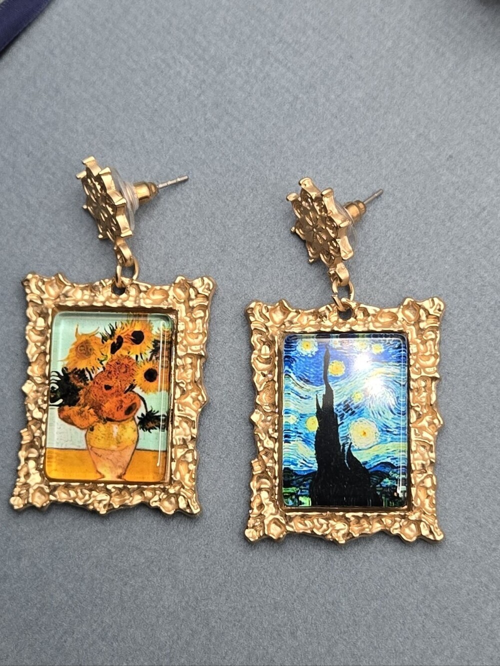 Vintage Gold Frame Van Gogh Sunflowers & Starry Night Art Earrings